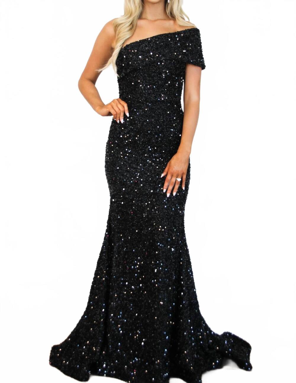 NEW CINDERELLA DIVINE glimpse of heaven sequin one shoulder formal dress in blac
